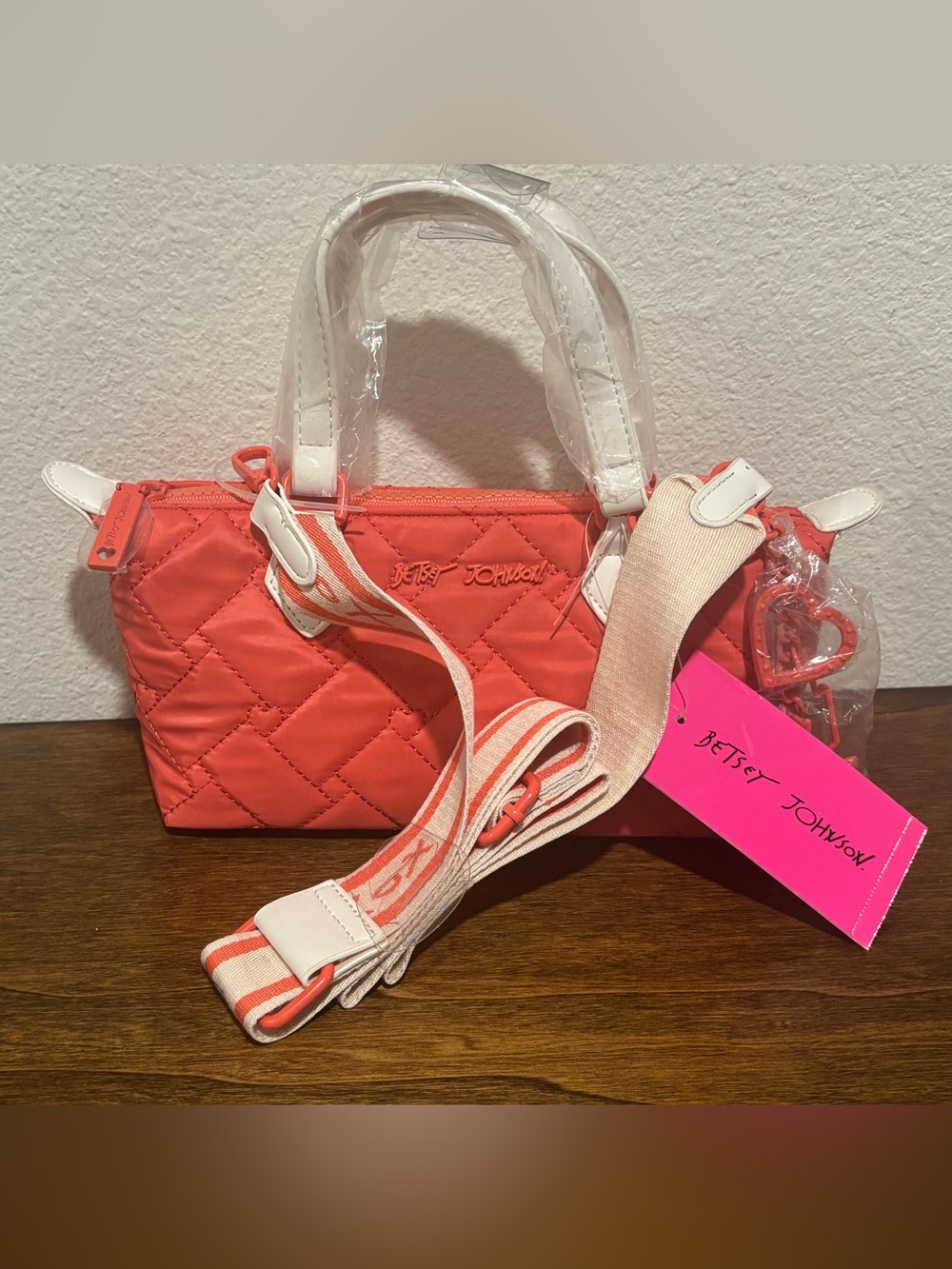 Betsey Johnson Coral Quilted Top-Handle Crossbody with White Accents